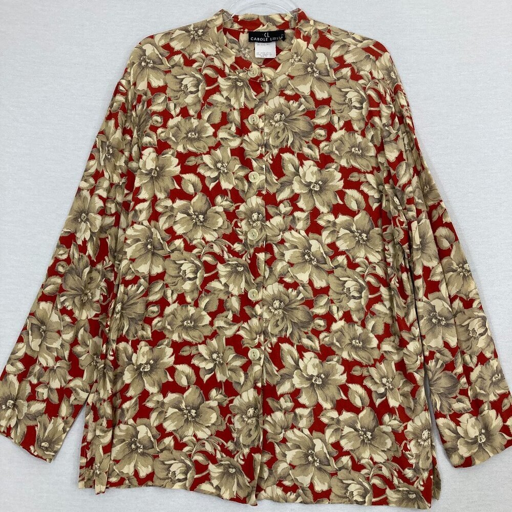 Vintage Carole Little Red Brown Floral‎ Rayon Long Sleeve Button Down size 14